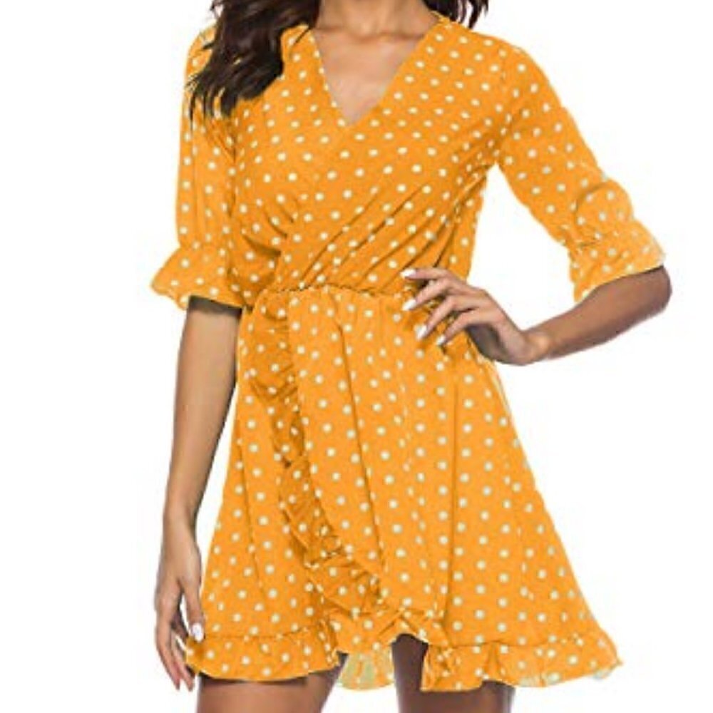 NWT Cupshe Women Yellow Ruffled Polka Dot Faux Wrap V Neck Swing Mini Dress PLUS
